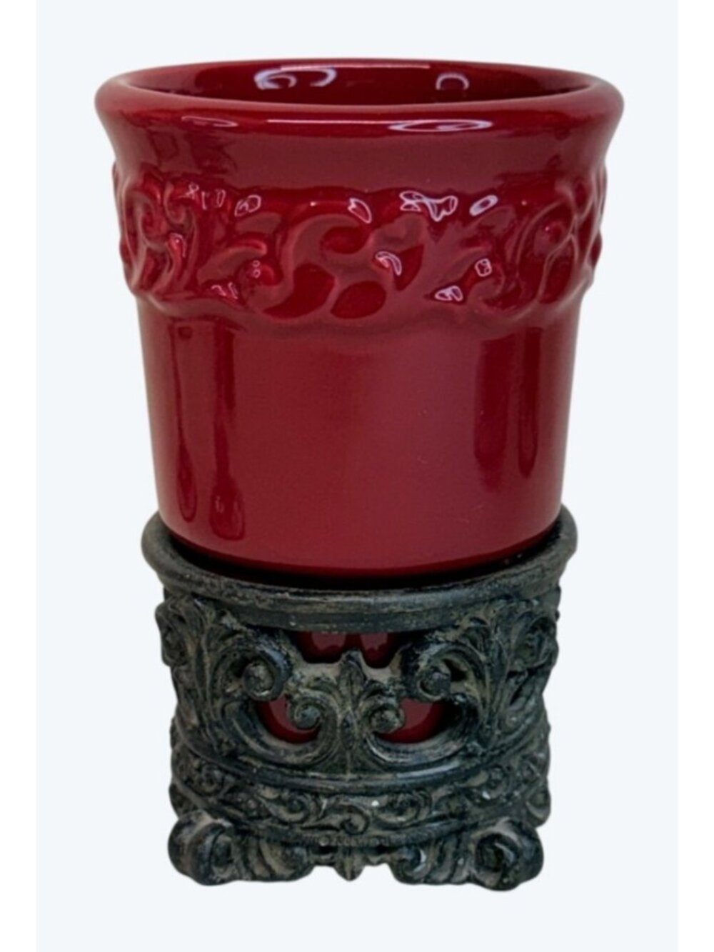 Drake Design Red Burgundy Tuscan Scroll Fleur De Lis Bathroom Cup with Base
